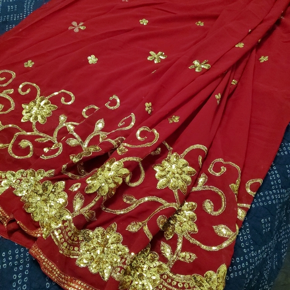 Red sequin saree sari Indian dress - Picture 5 of 5